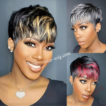 New Glueless Salt and Pepper Short Straight Pixe Cut Wig