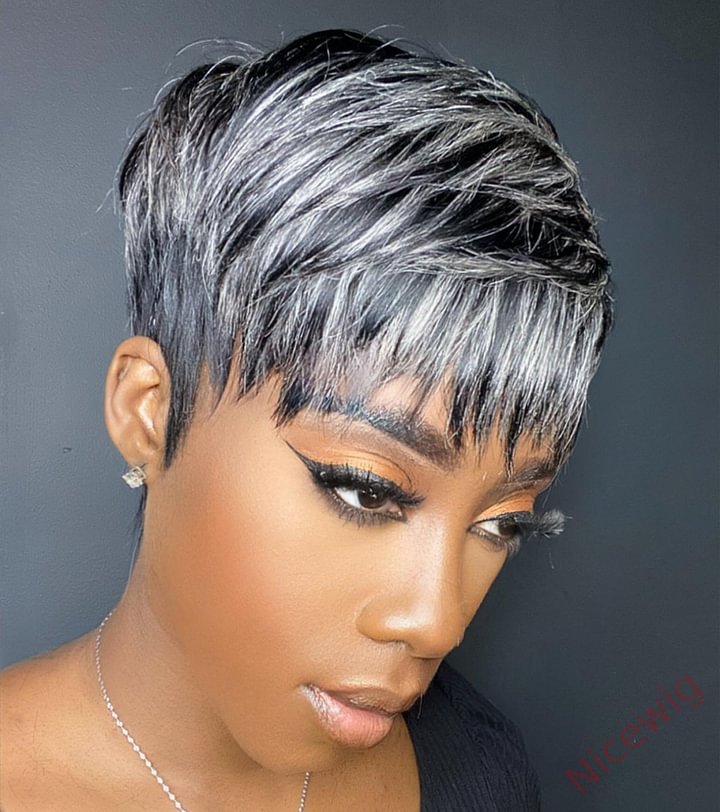 New Glueless Salt and Pepper Short Straight Pixe Cut Wig
